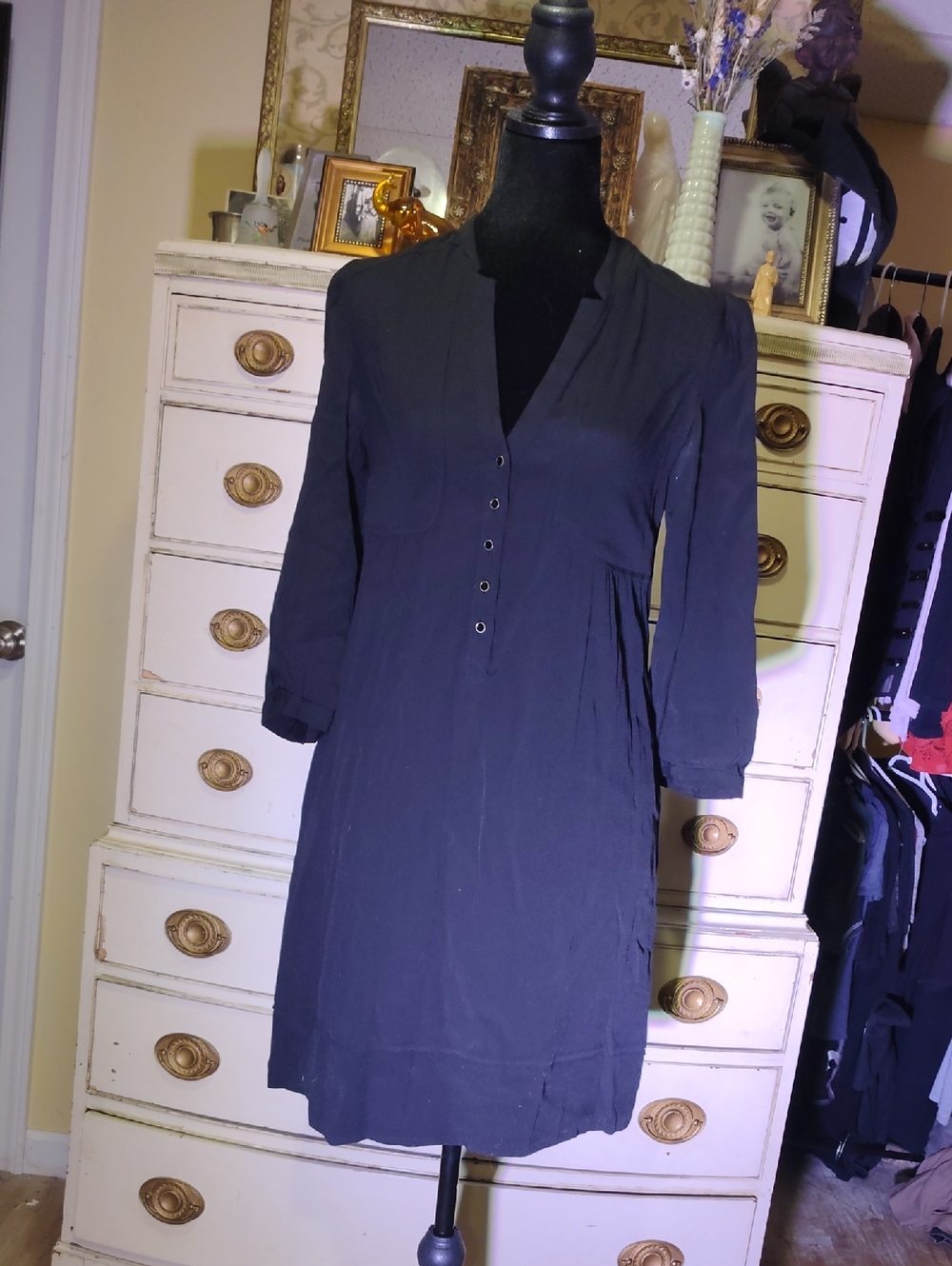 Maeve Black Long-Sleeve Button-Front V-Neck Dress